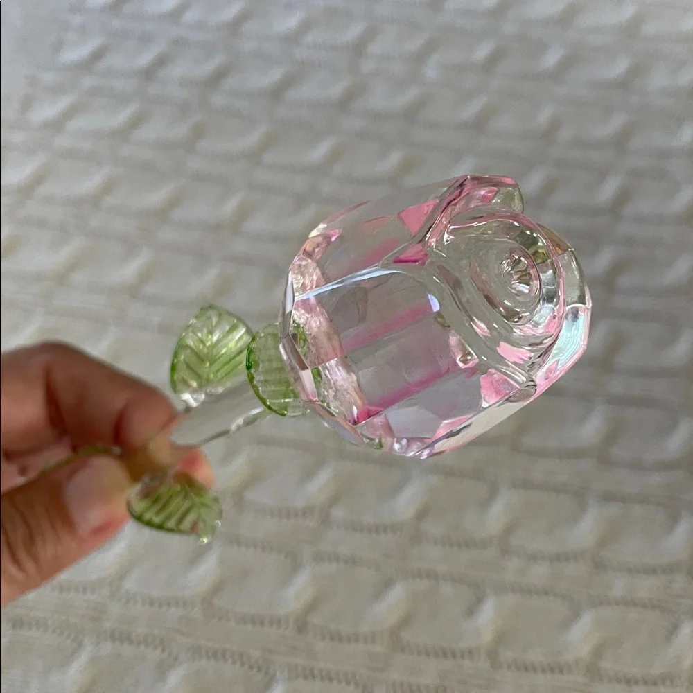 13.25” glass single stem rose w/ leaves. Clear pink and green no chips/cracks